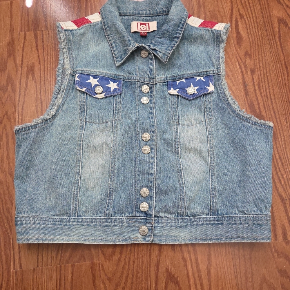 LEI Classic Blue Denim Vest Xl American Flag Usa 90's Y2k